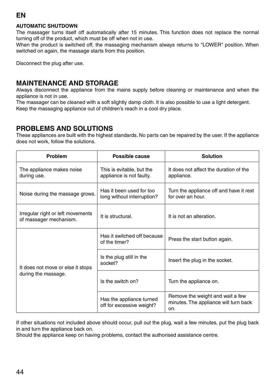 44 en, Maintenance and storage, Problems and solutions | Imetec SENSUIJ SM2-200 User Manual | Page 49 / 54