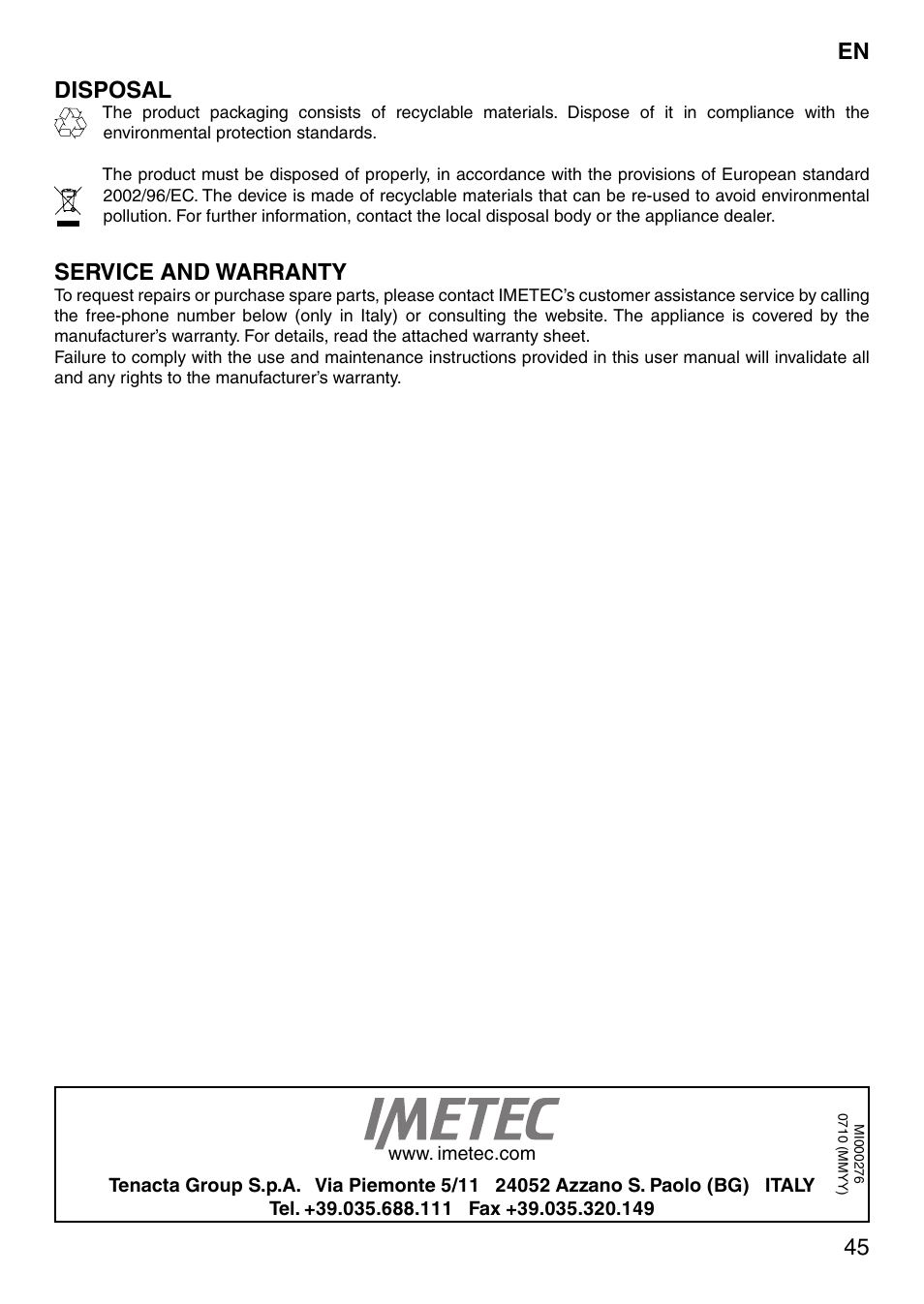 45 disposal, Service and warranty | Imetec SENSUIJ SM2-200 User Manual | Page 50 / 54