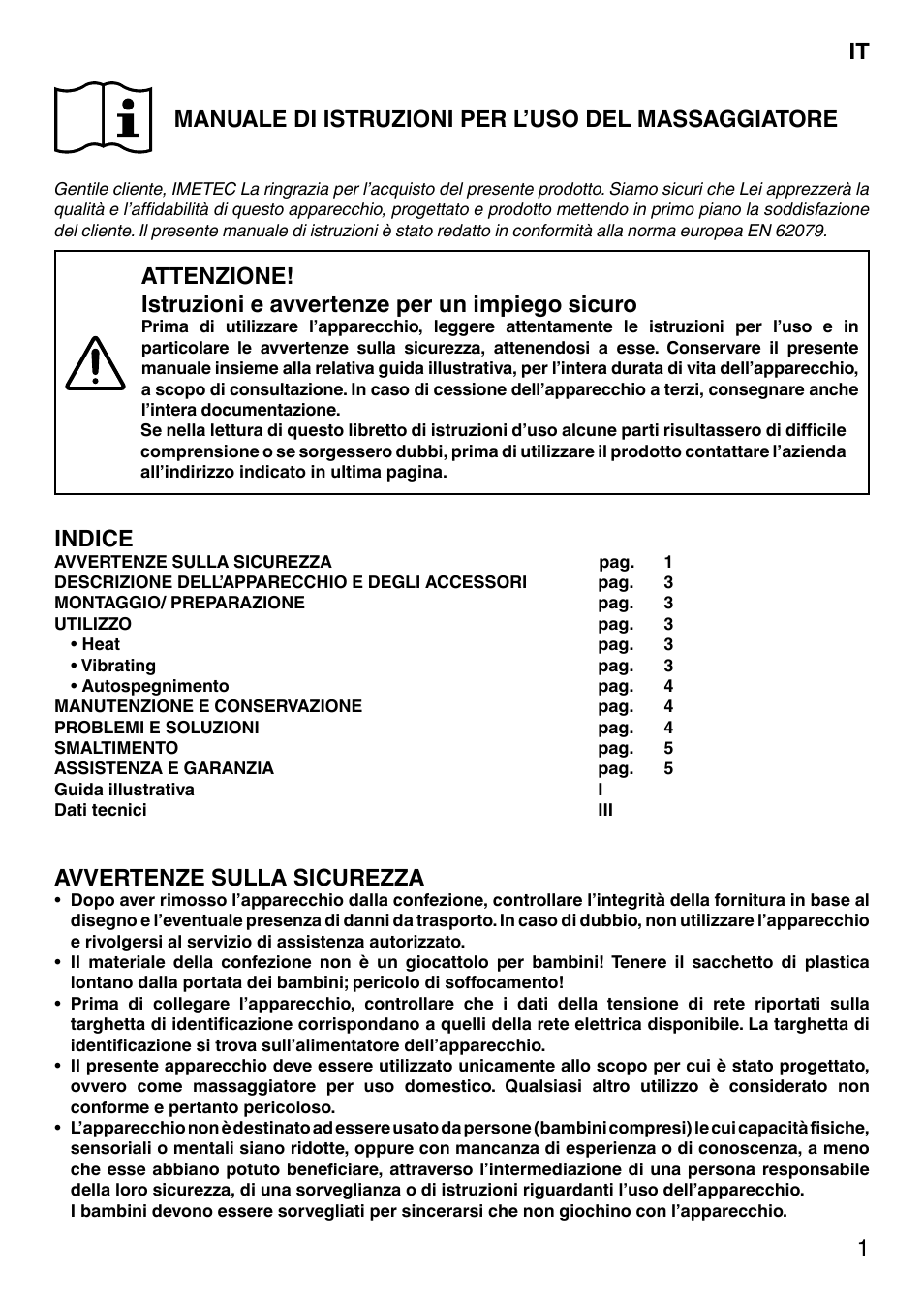 Indice, Avvertenze sulla sicurezza | Imetec SENSUIJ SM2-200 User Manual | Page 6 / 54