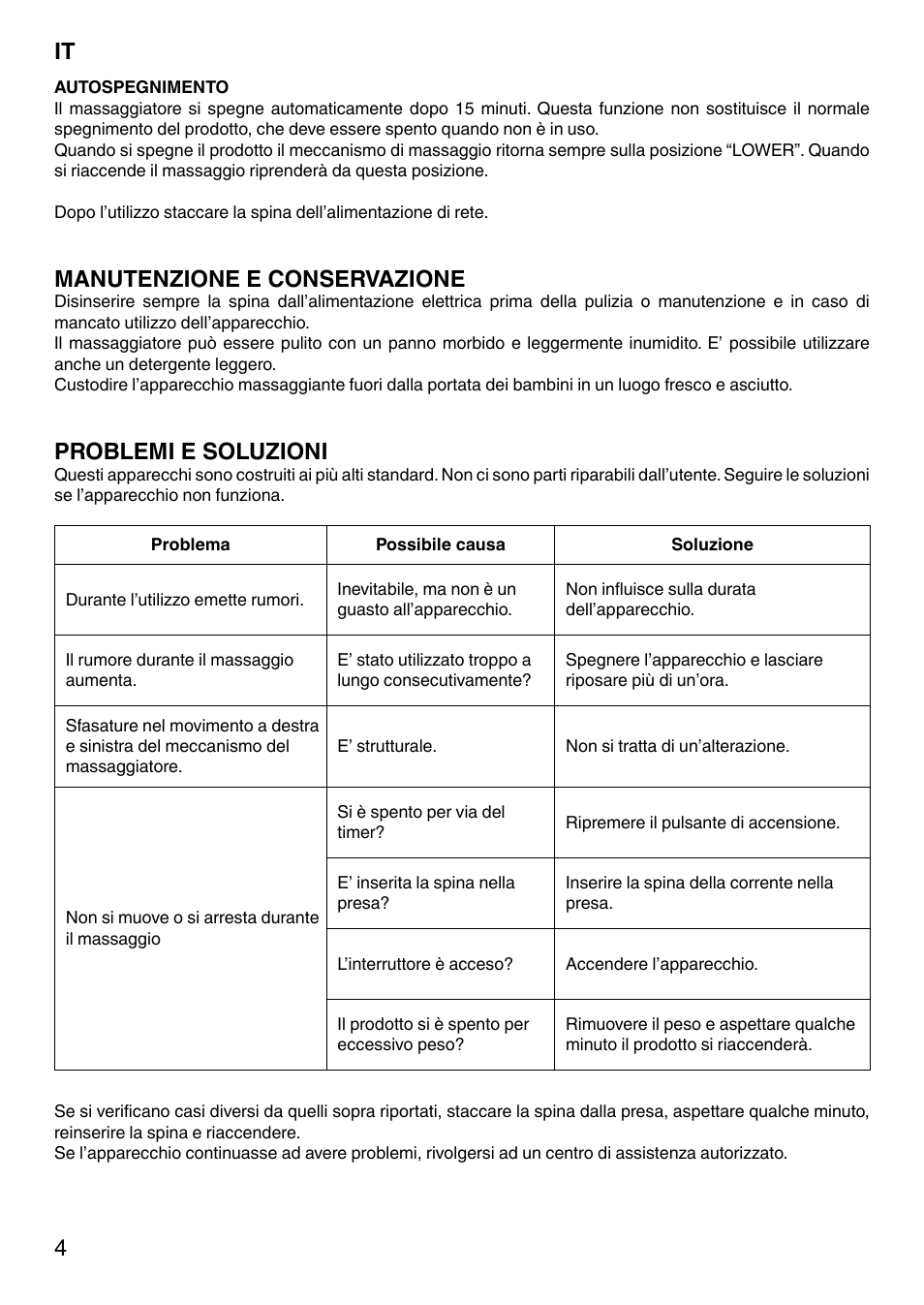 It 4, Manutenzione e conservazione, Problemi e soluzioni | Imetec SENSUIJ SM2-200 User Manual | Page 9 / 54