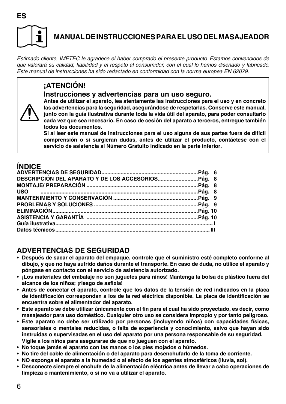 Índice, Advertencias de seguridad | Imetec SENSUIJ SM5-200 User Manual | Page 11 / 54