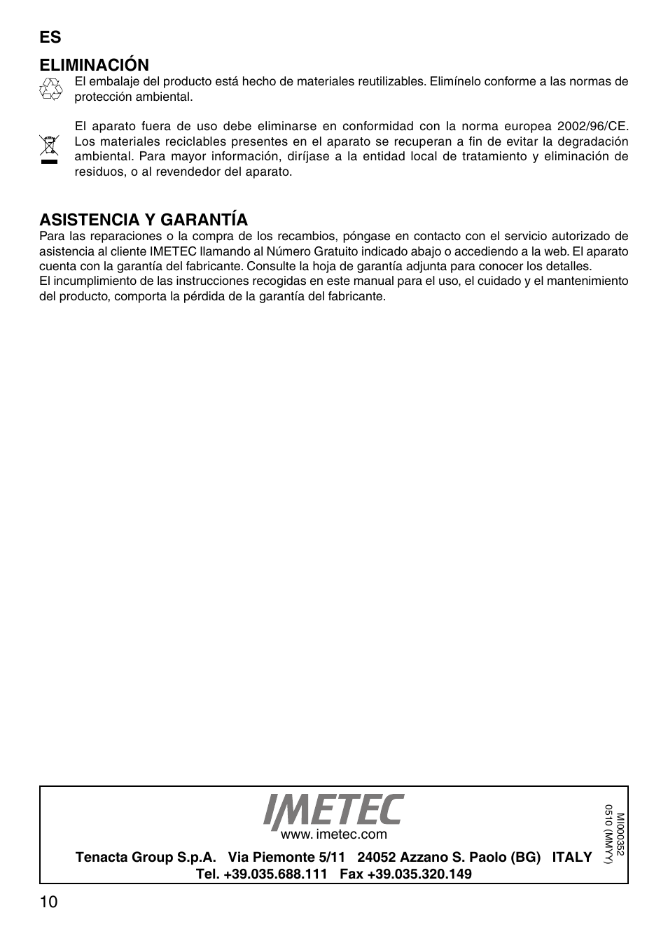 10 es eliminación, Asistencia y garantía | Imetec SENSUIJ SM5-200 User Manual | Page 15 / 54