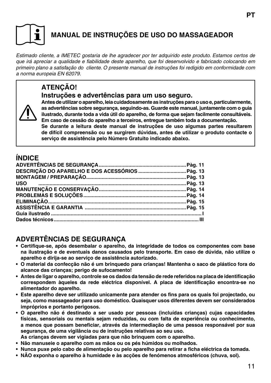 11 pt manual de instruções de uso do massageador, Índice, Advertências de segurança | Imetec SENSUIJ SM5-200 User Manual | Page 16 / 54