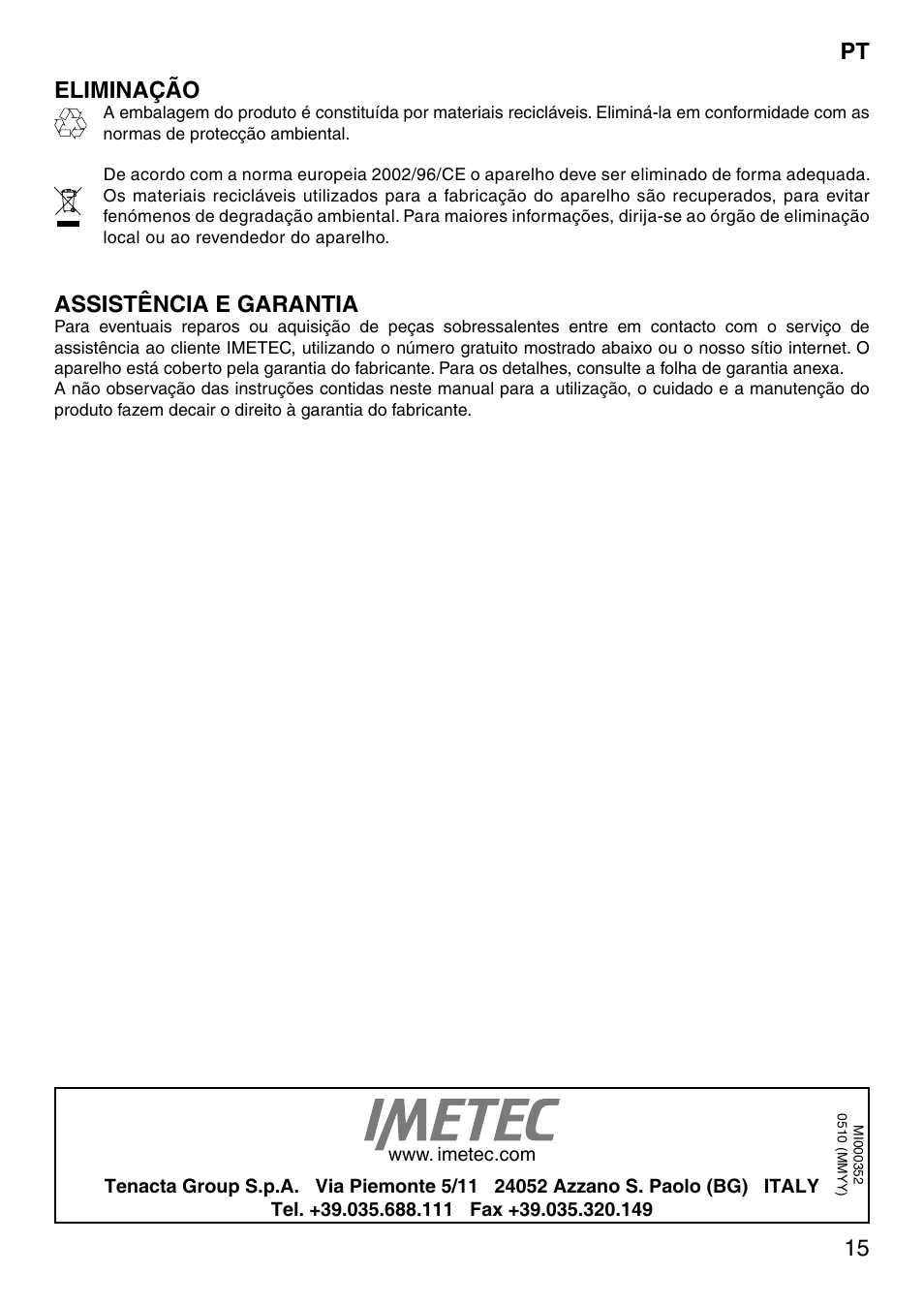 15 pt eliminação, Assistência e garantia | Imetec SENSUIJ SM5-200 User Manual | Page 20 / 54