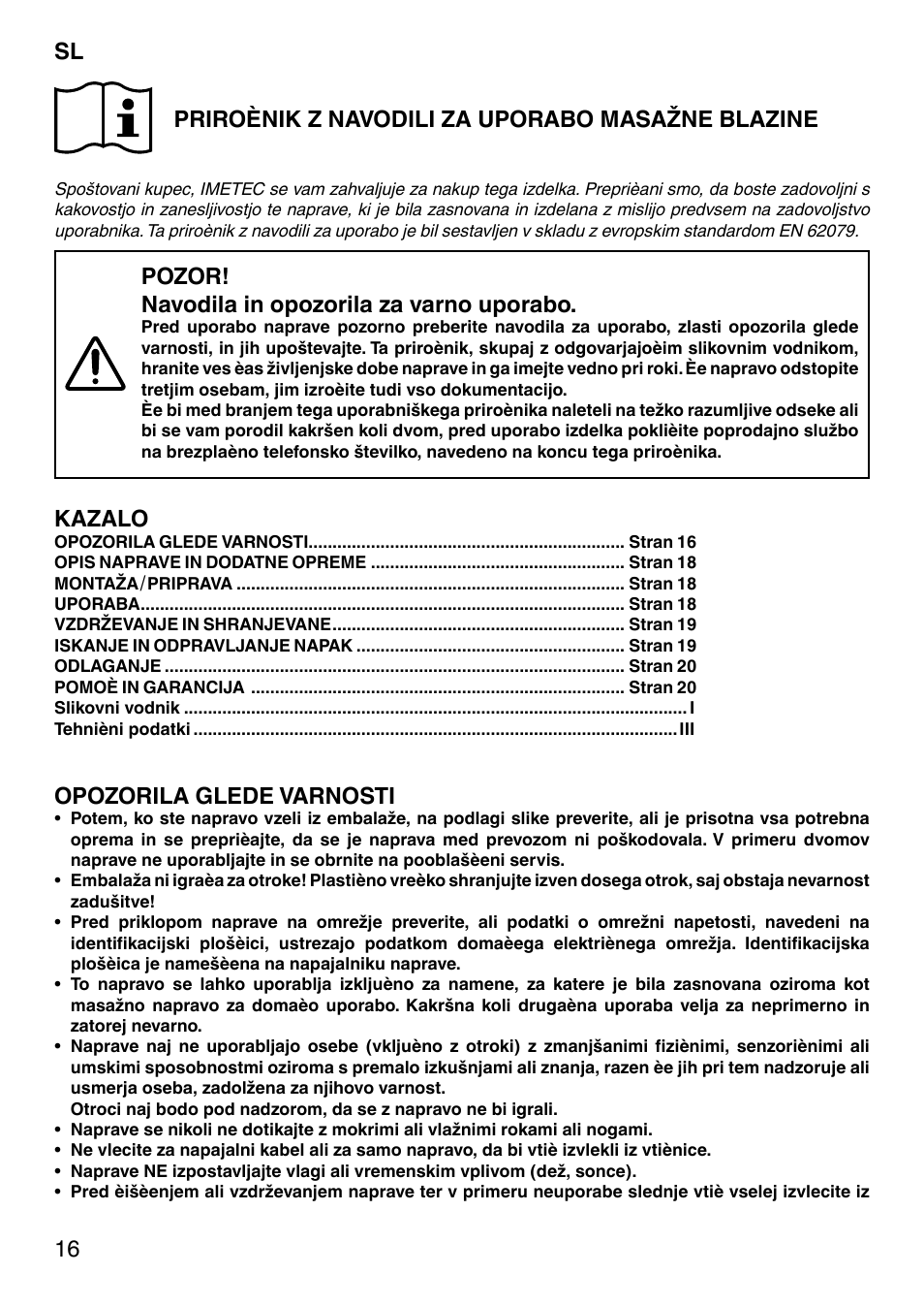 Pozor! navodila in opozorila za varno uporabo, Kazalo, Opozorila glede varnosti | Imetec SENSUIJ SM5-200 User Manual | Page 21 / 54
