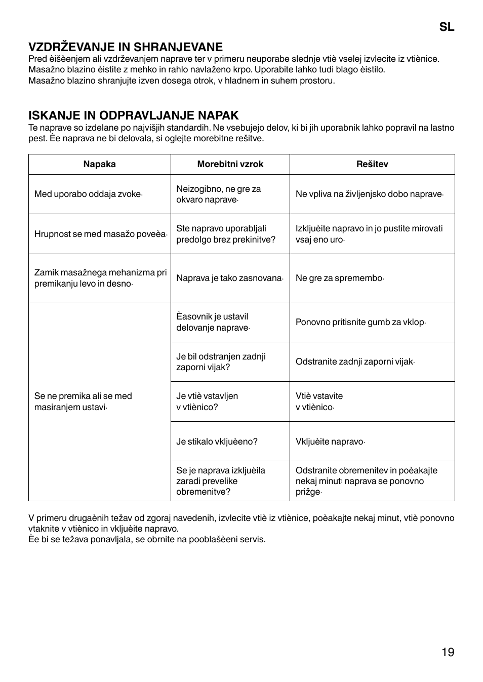 19 sl vzdrževanje in shranjevane, Iskanje in odpravljanje napak | Imetec SENSUIJ SM5-200 User Manual | Page 24 / 54