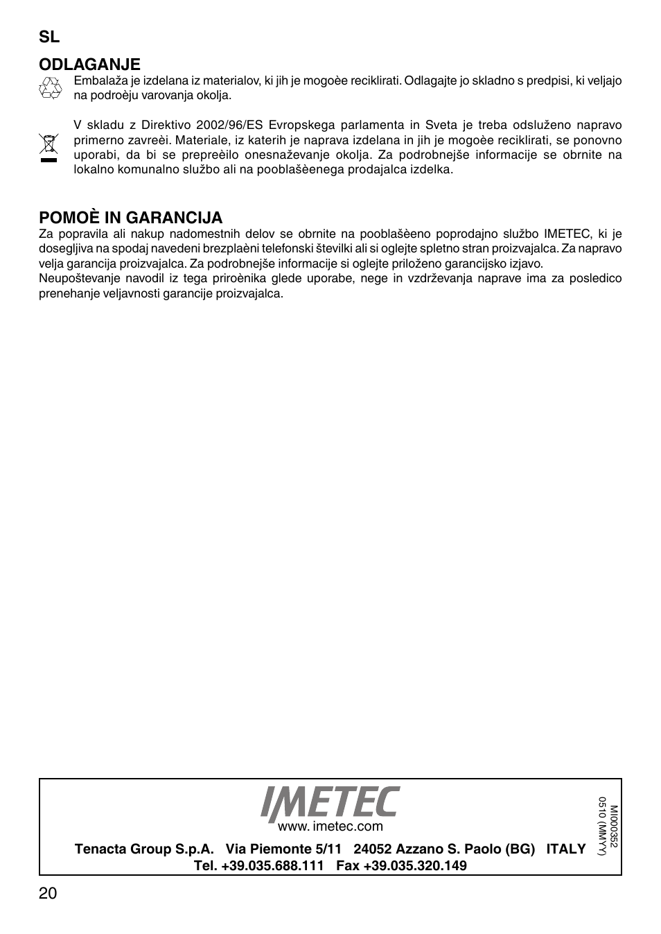 20 sl odlaganje, Pomoè in garancija | Imetec SENSUIJ SM5-200 User Manual | Page 25 / 54