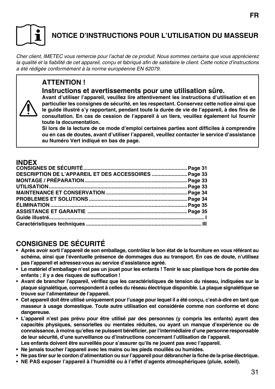 Index, Consignes de sécurité | Imetec SENSUIJ SM5-200 User Manual | Page 36 / 54