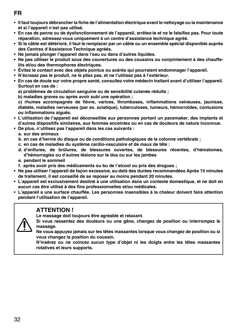 32 fr, Attention | Imetec SENSUIJ SM5-200 User Manual | Page 37 / 54