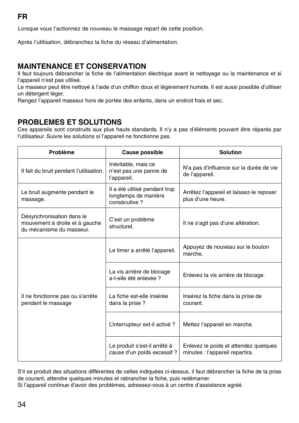 34 fr, Maintenance et conservation, Problemes et solutions | Imetec SENSUIJ SM5-200 User Manual | Page 39 / 54