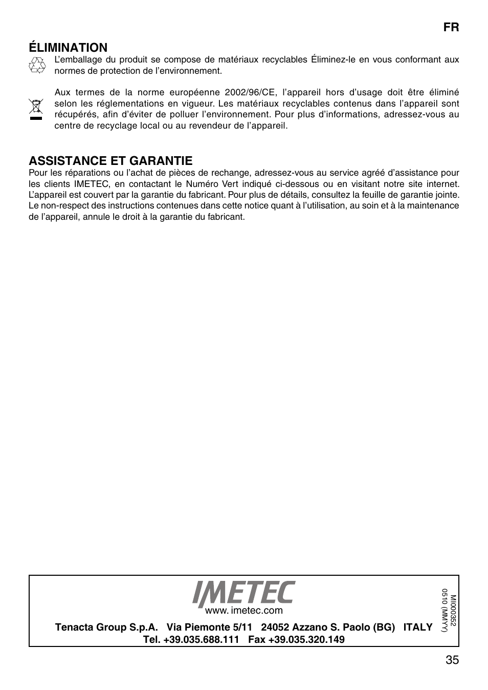 35 fr élimination, Assistance et garantie | Imetec SENSUIJ SM5-200 User Manual | Page 40 / 54