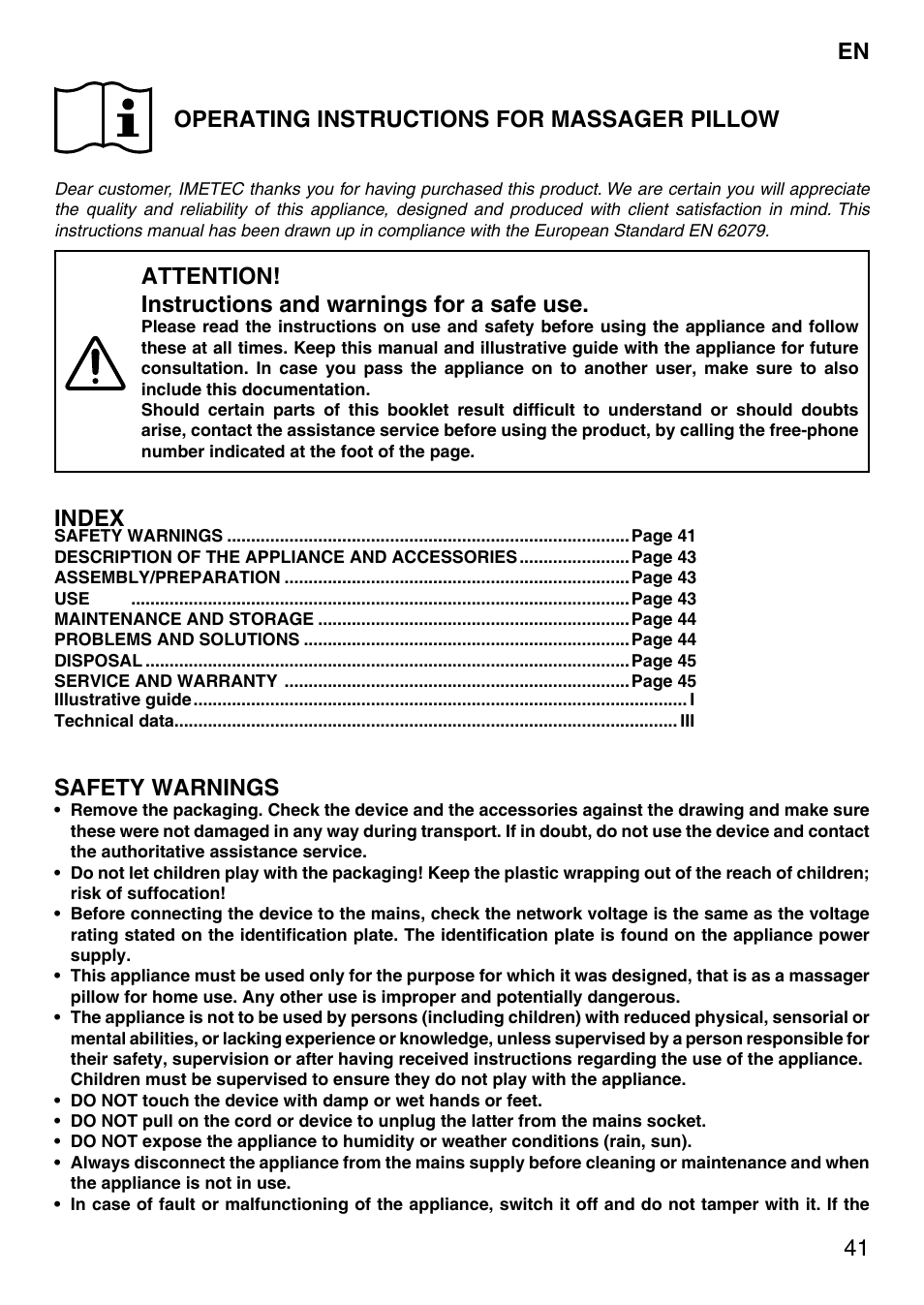 41 en operating instructions for massager pillow, Index, Safety warnings | Imetec SENSUIJ SM5-200 User Manual | Page 46 / 54