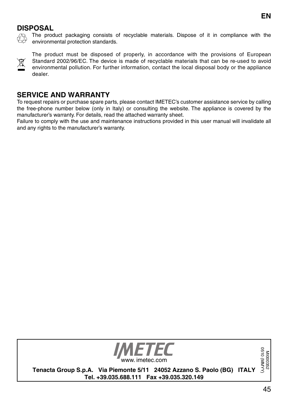 45 en disposal, Service and warranty | Imetec SENSUIJ SM5-200 User Manual | Page 50 / 54