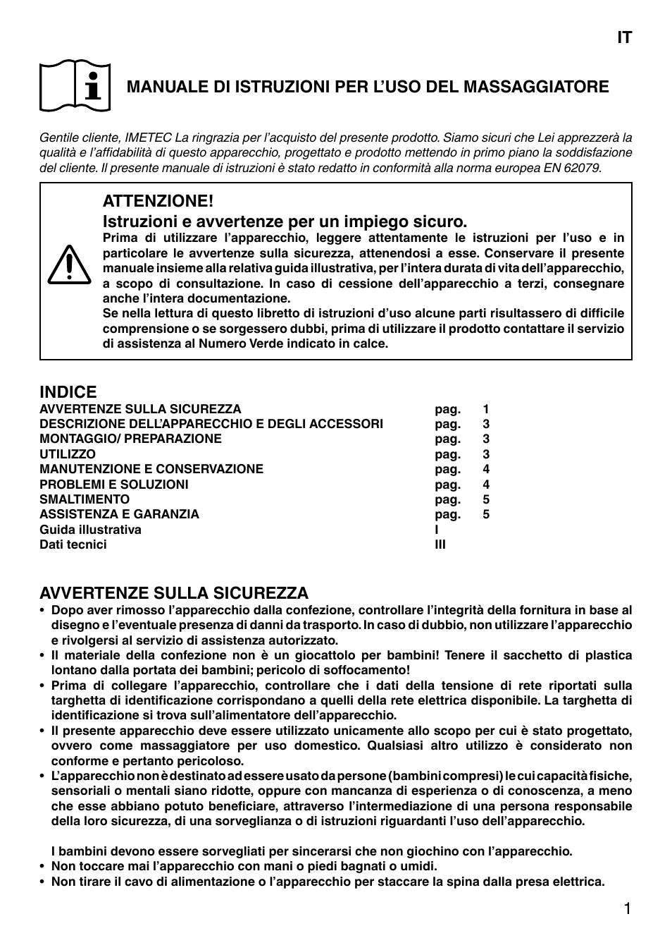 Indice, Avvertenze sulla sicurezza | Imetec SENSUIJ SM5-200 User Manual | Page 6 / 54