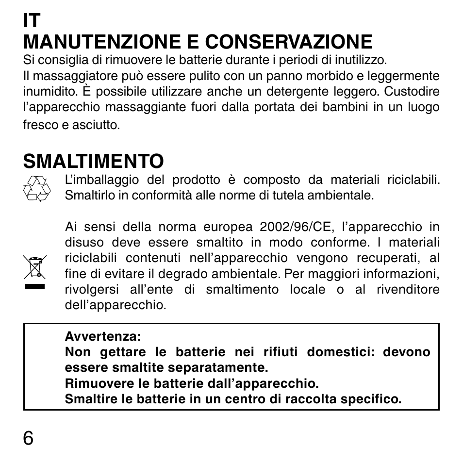 6manutenzione e conservazione, Smaltimento | Imetec SENSUIJ ML3-200 User Manual | Page 11 / 69