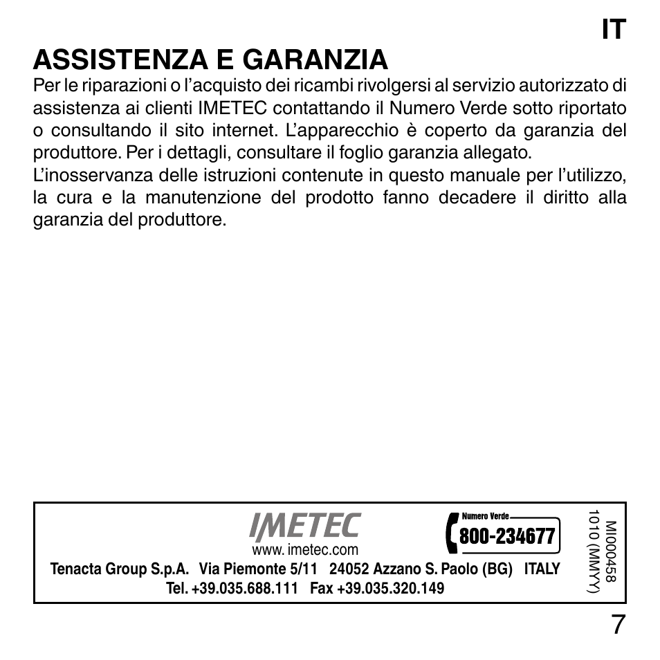 7assistenza e garanzia | Imetec SENSUIJ ML3-200 User Manual | Page 12 / 69