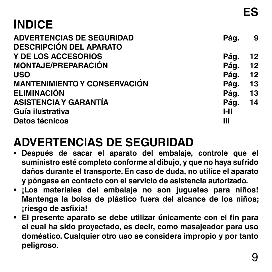 9índice, Advertencias de seguridad | Imetec SENSUIJ ML3-200 User Manual | Page 14 / 69