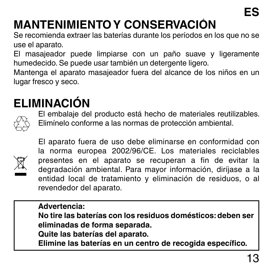13 mantenimiento y conservación, Eliminación | Imetec SENSUIJ ML3-200 User Manual | Page 18 / 69