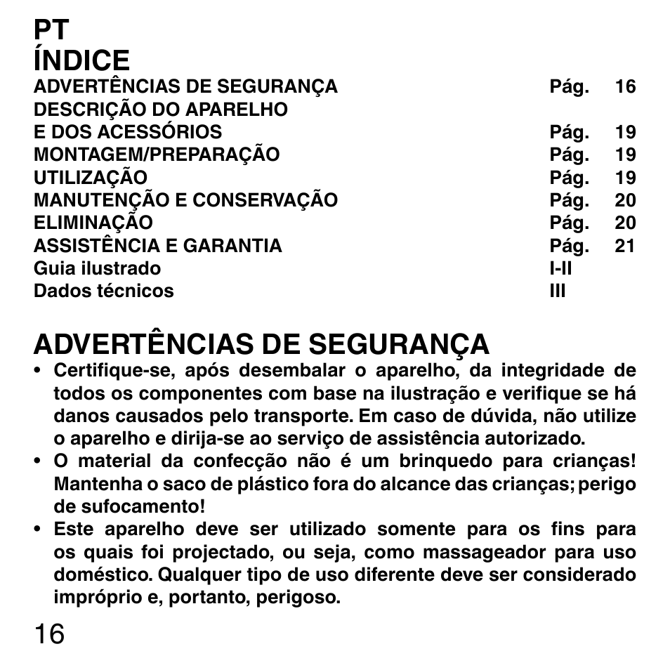 16 índice, Advertências de segurança | Imetec SENSUIJ ML3-200 User Manual | Page 21 / 69