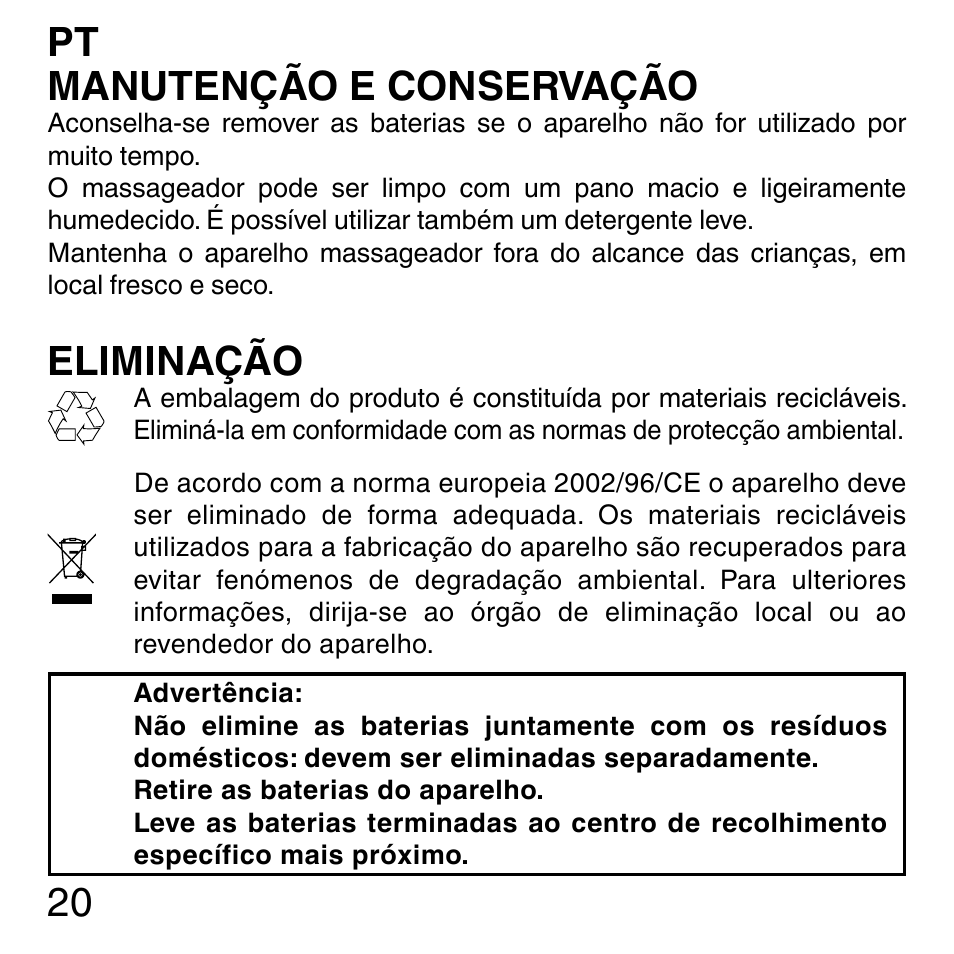 20 manutenção e conservação, Eliminação | Imetec SENSUIJ ML3-200 User Manual | Page 25 / 69