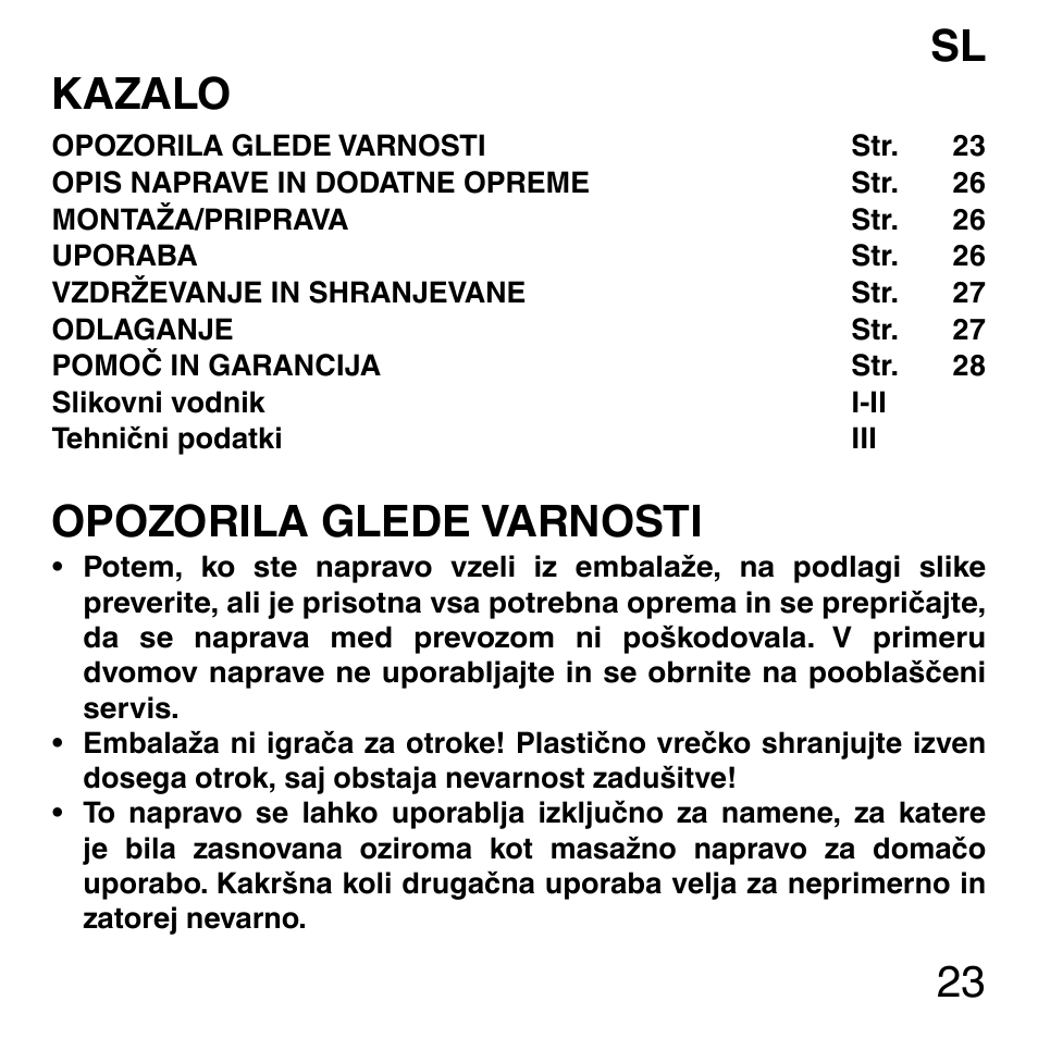 23 sl kazalo, Opozorila glede varnosti | Imetec SENSUIJ ML3-200 User Manual | Page 28 / 69