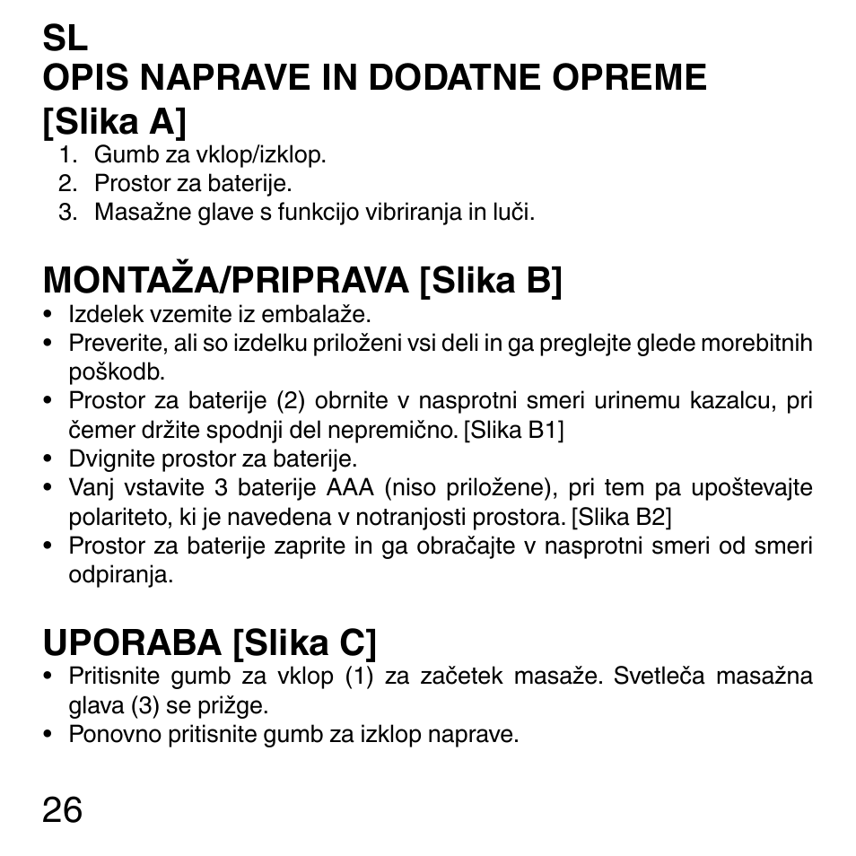 26 opis naprave in dodatne opreme [slika a, Montaža/priprava [slika b, Uporaba [slika c | Imetec SENSUIJ ML3-200 User Manual | Page 31 / 69