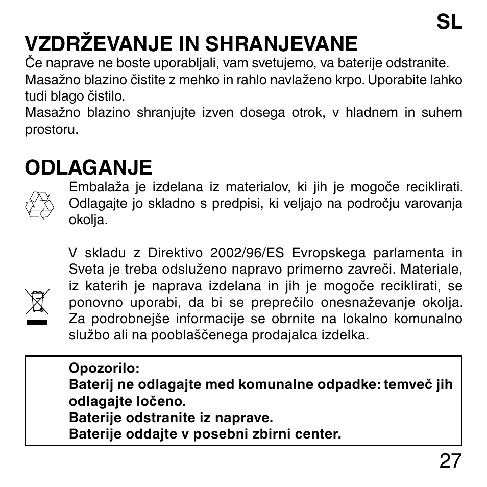 27 vzdrževanje in shranjevane, Odlaganje | Imetec SENSUIJ ML3-200 User Manual | Page 32 / 69