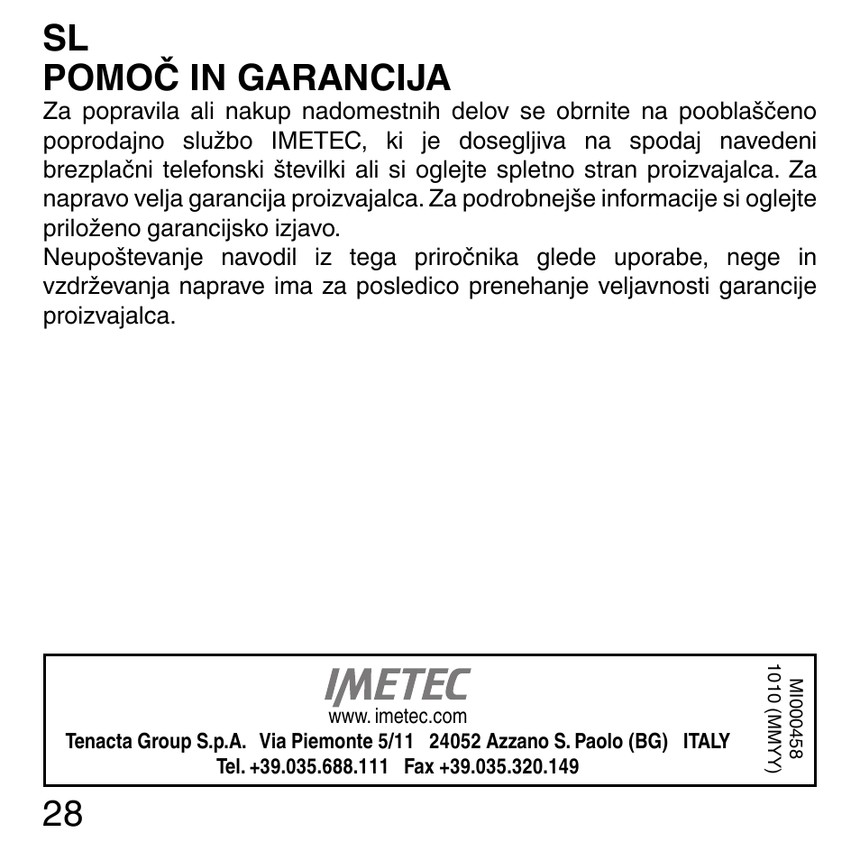 Sl pomoč in garancija | Imetec SENSUIJ ML3-200 User Manual | Page 33 / 69