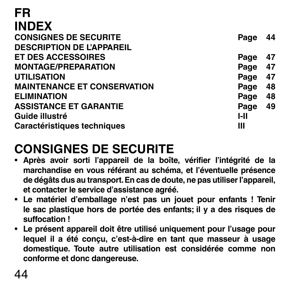 44 fr index, Consignes de securite | Imetec SENSUIJ ML3-200 User Manual | Page 49 / 69