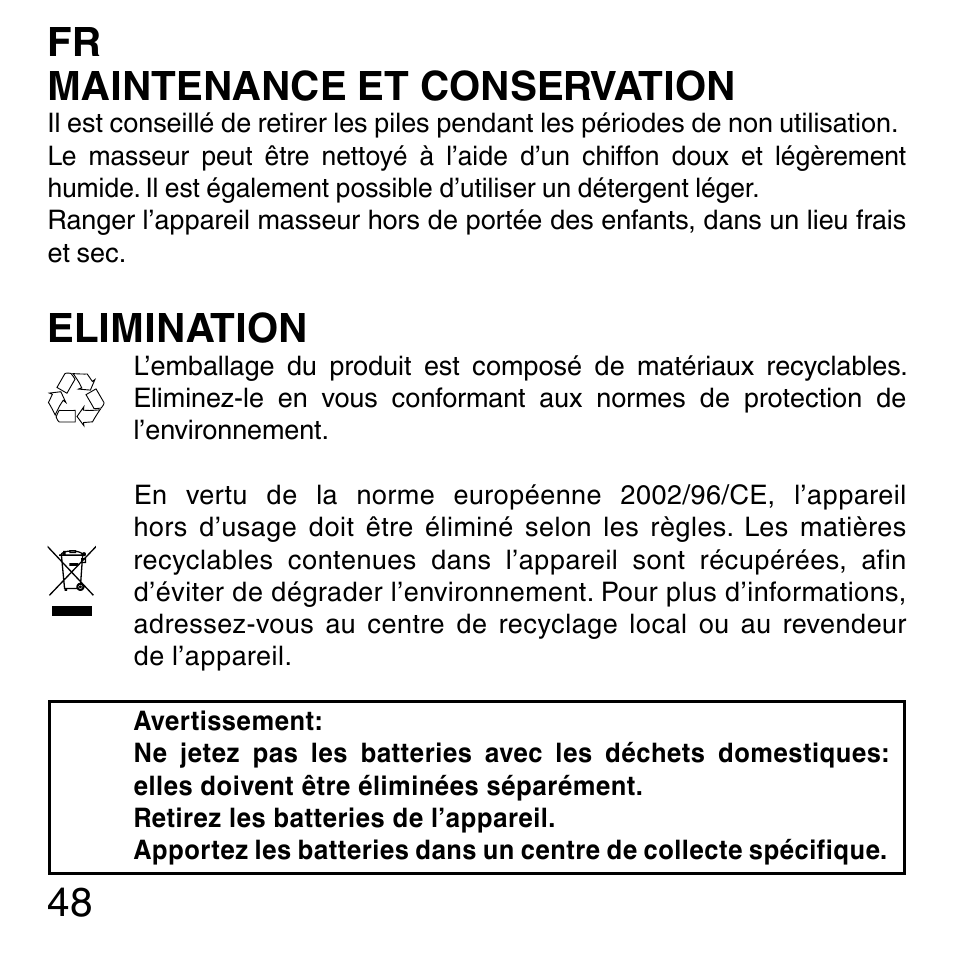 48 fr maintenance et conservation, Elimination | Imetec SENSUIJ ML3-200 User Manual | Page 53 / 69