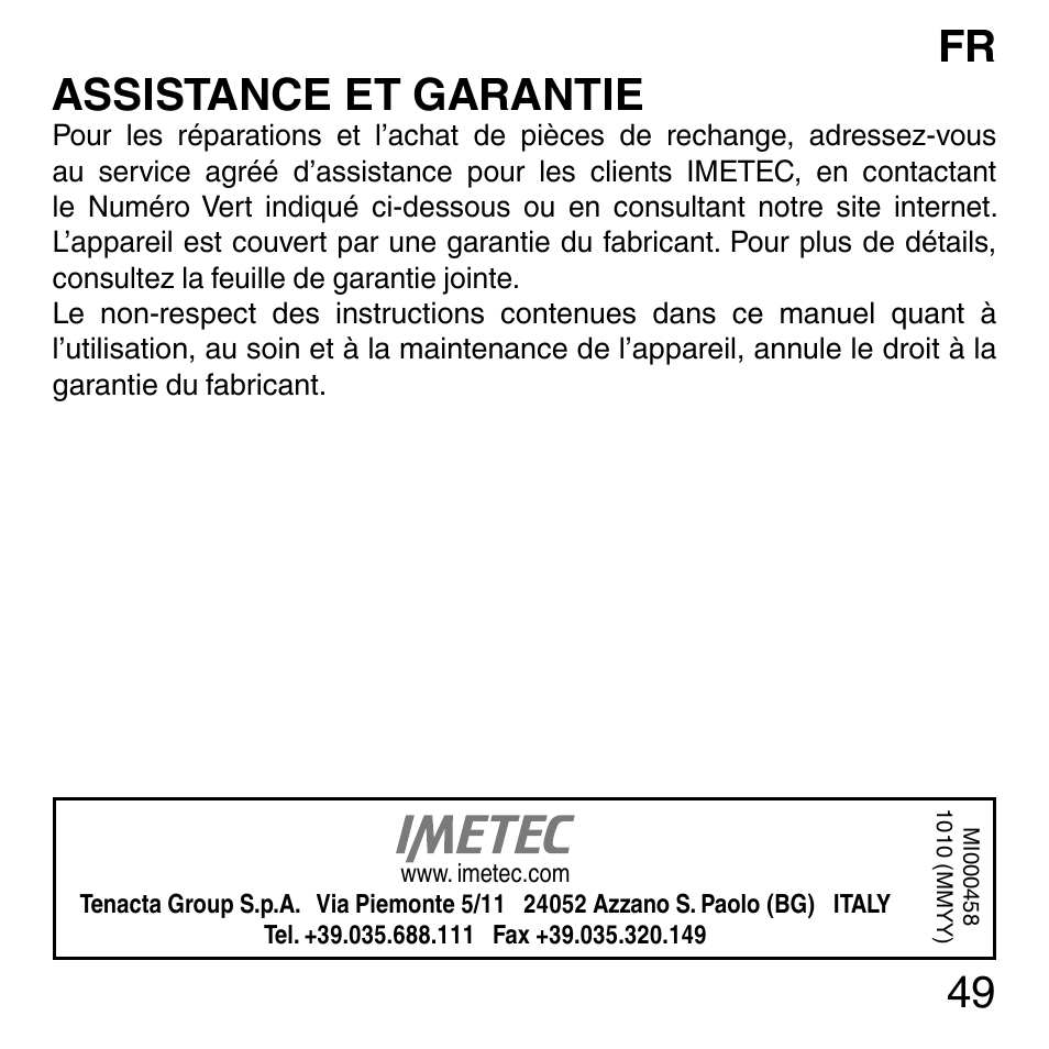 49 assistance et garantie | Imetec SENSUIJ ML3-200 User Manual | Page 54 / 69