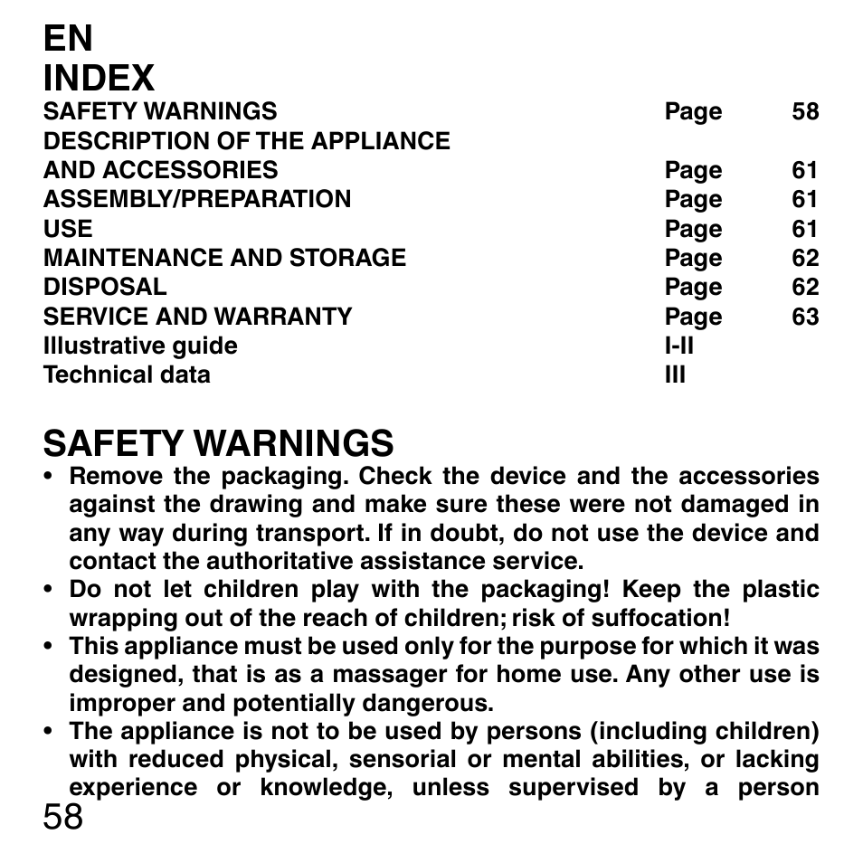 58 en index, Safety warnings | Imetec SENSUIJ ML3-200 User Manual | Page 63 / 69