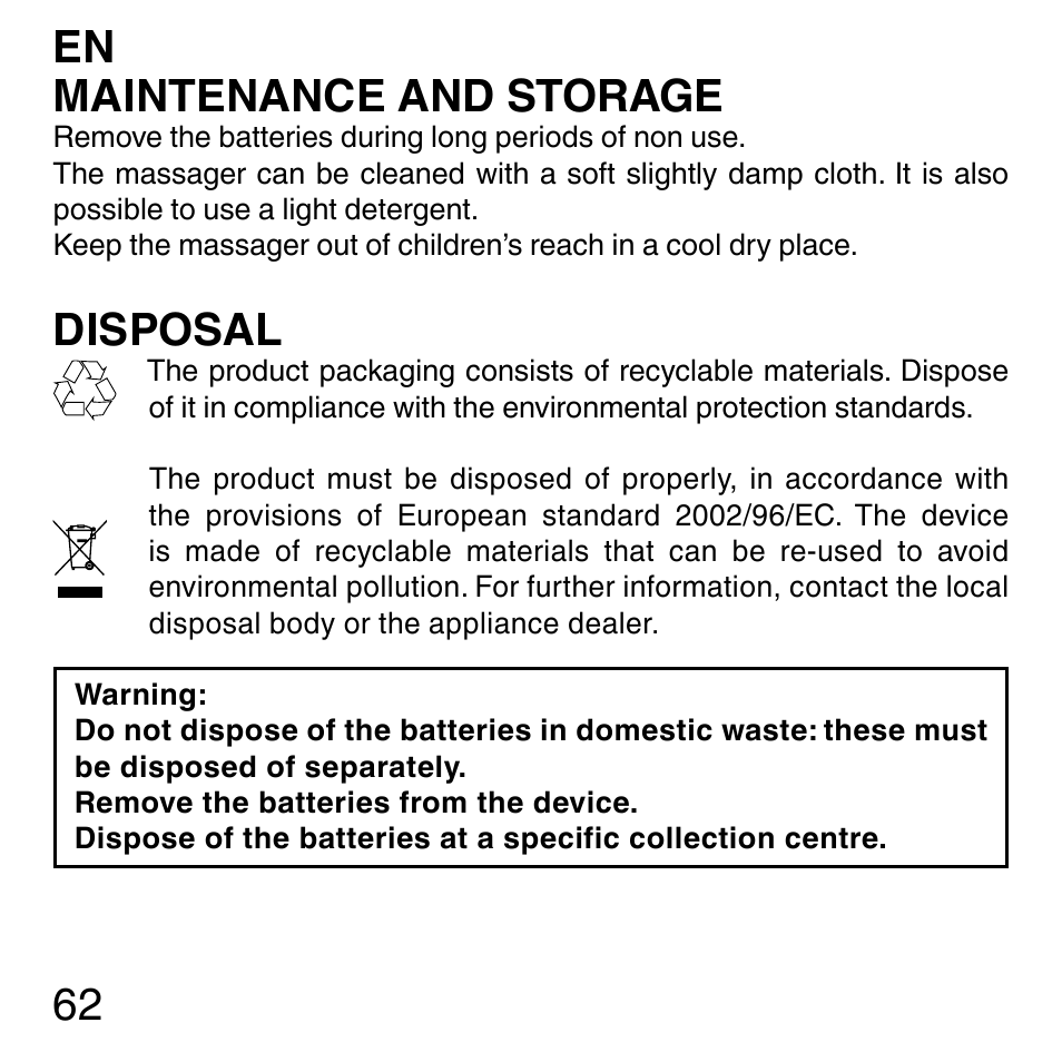 62 en maintenance and storage, Disposal | Imetec SENSUIJ ML3-200 User Manual | Page 67 / 69