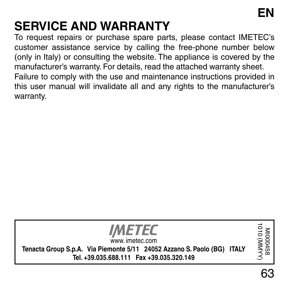 63 service and warranty | Imetec SENSUIJ ML3-200 User Manual | Page 68 / 69