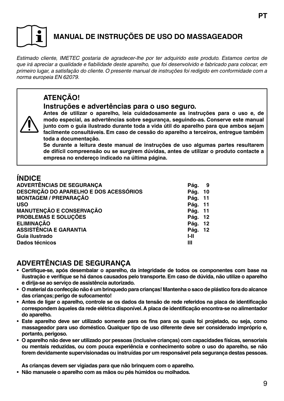 9manual de instruções de uso do massageador, Índice, Advertências de segurança | Imetec SENSUIJ MC1-200 User Manual | Page 14 / 42
