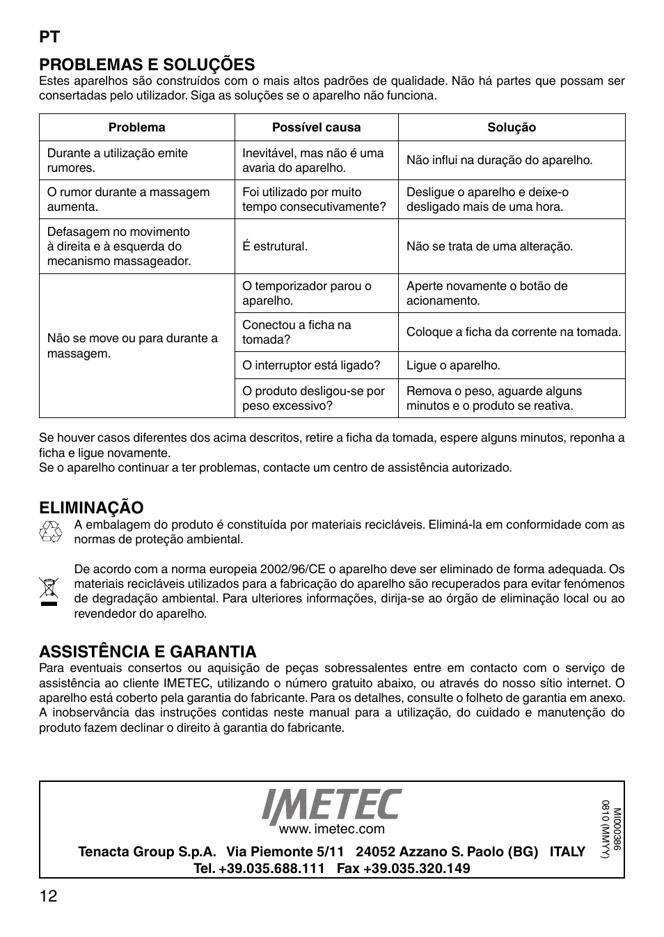 12 problemas e soluções, Eliminação, Assistência e garantia | Imetec SENSUIJ MC1-200 User Manual | Page 17 / 42