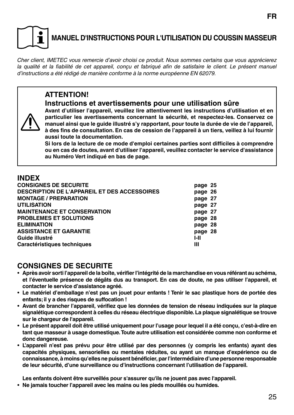 Index, Consignes de securite | Imetec SENSUIJ MC1-200 User Manual | Page 30 / 42