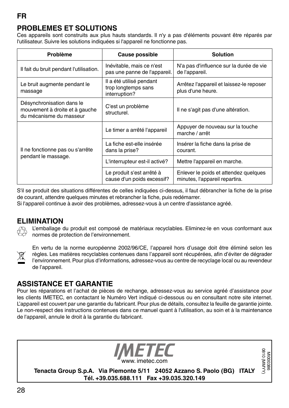 28 problemes et solutions, Elimination, Assistance et garantie | Imetec SENSUIJ MC1-200 User Manual | Page 33 / 42