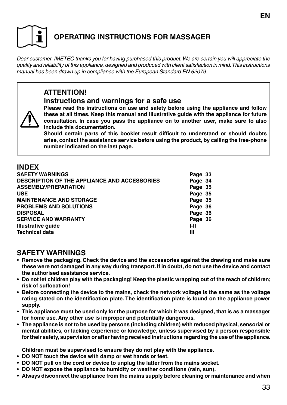 33 operating instructions for massager, Index, Safety warnings | Imetec SENSUIJ MC1-200 User Manual | Page 38 / 42