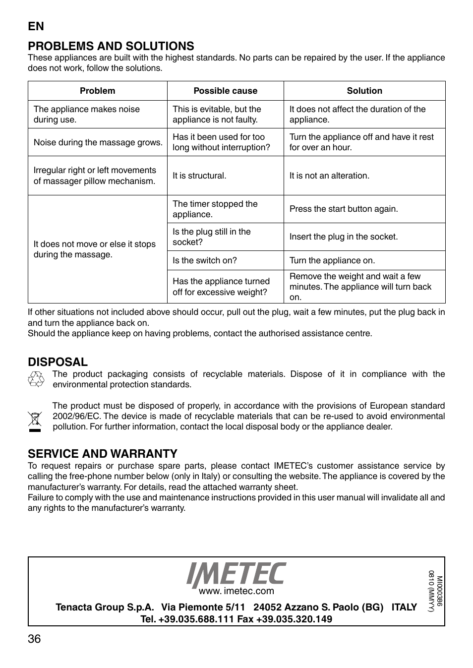 36 problems and solutions, Disposal, Service and warranty | Imetec SENSUIJ MC1-200 User Manual | Page 41 / 42