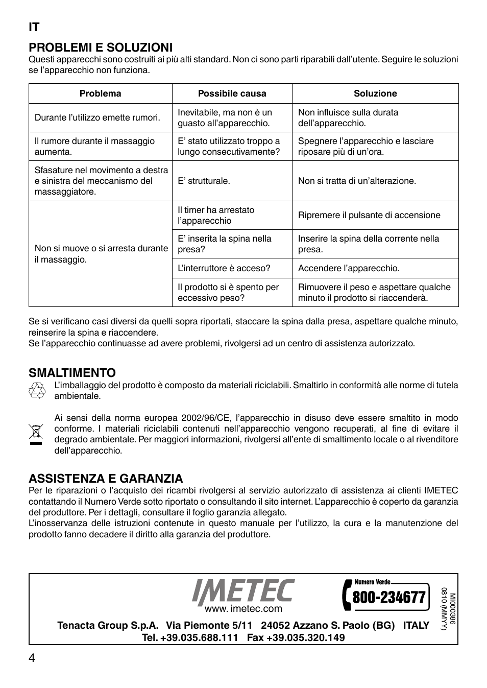 It 4 problemi e soluzioni, Smaltimento, Assistenza e garanzia | Imetec SENSUIJ MC1-200 User Manual | Page 9 / 42