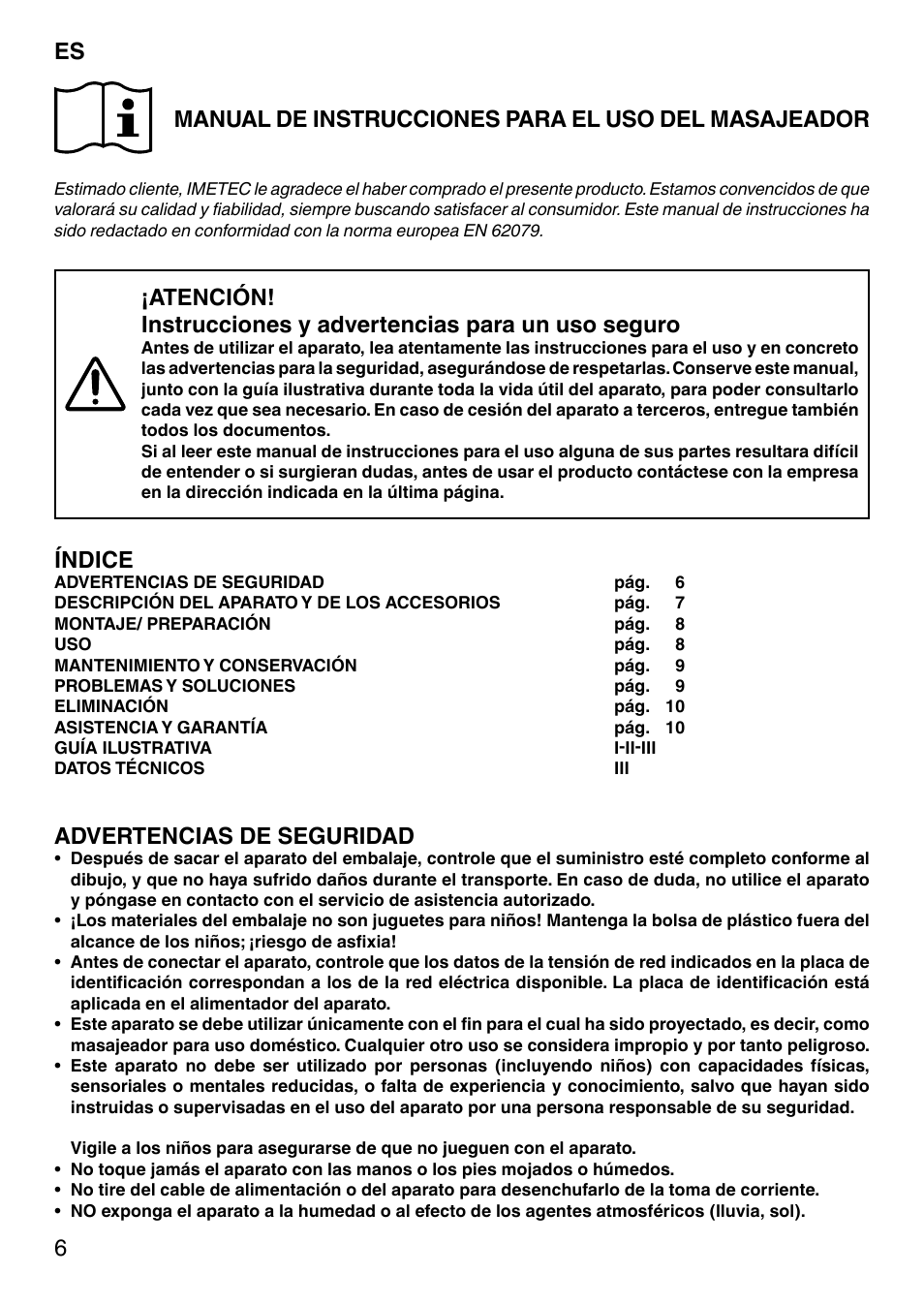 Índice, Advertencias de seguridad | Imetec SENSUIJ CM3-200 User Manual | Page 11 / 53