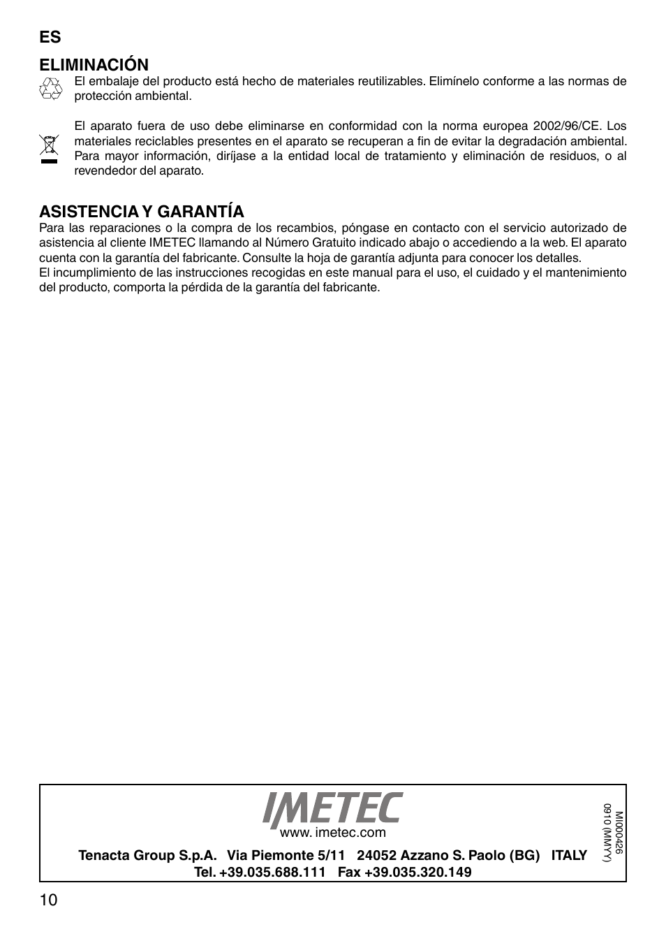 Eliminación, Asistencia y garantía | Imetec SENSUIJ CM3-200 User Manual | Page 15 / 53