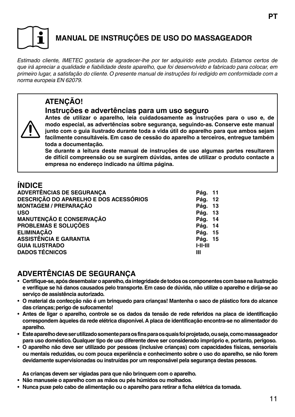 11 manual de instruções de uso do massageador, Índice, Advertências de segurança | Imetec SENSUIJ CM3-200 User Manual | Page 16 / 53