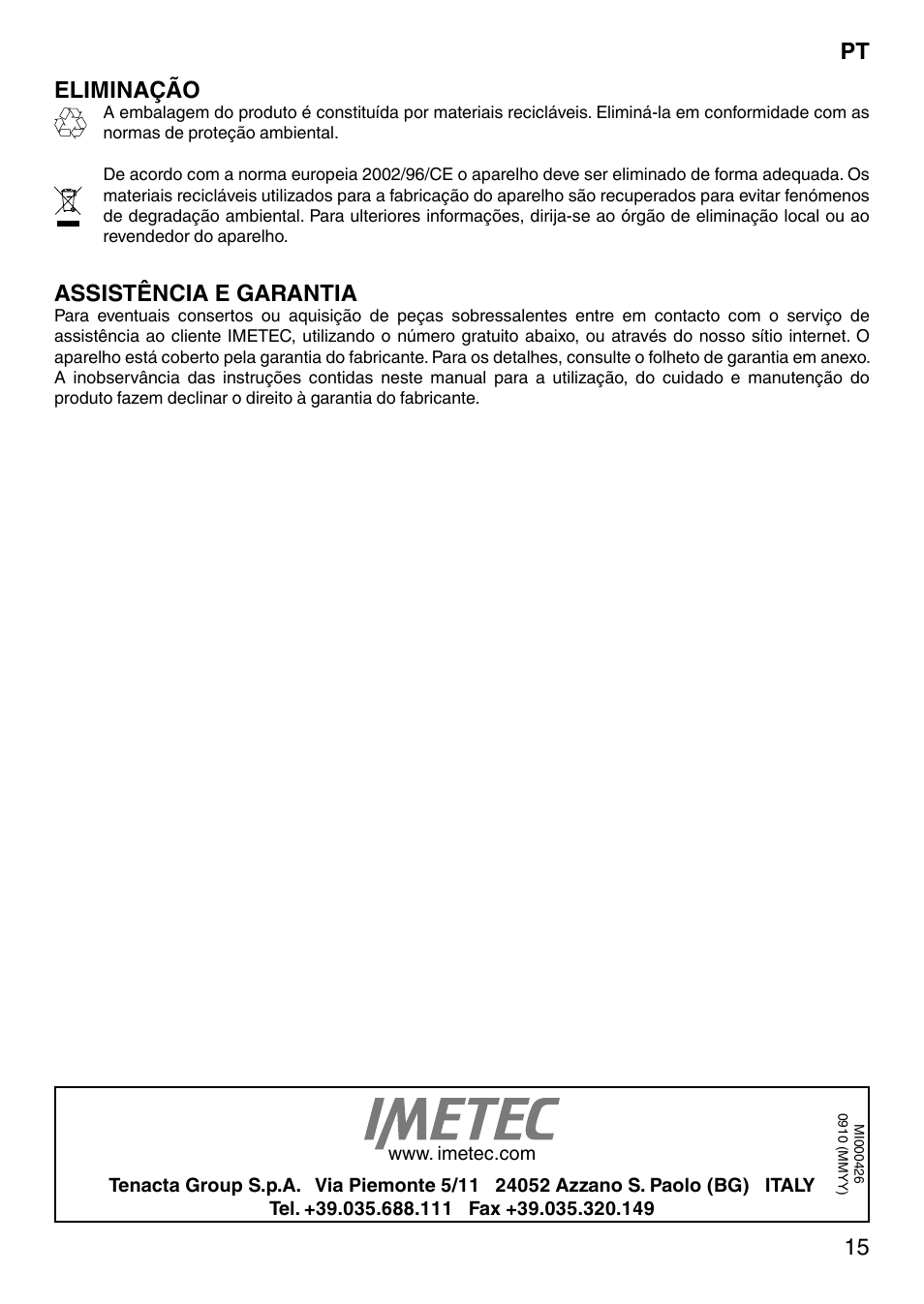 Eliminação, Assistência e garantia | Imetec SENSUIJ CM3-200 User Manual | Page 20 / 53