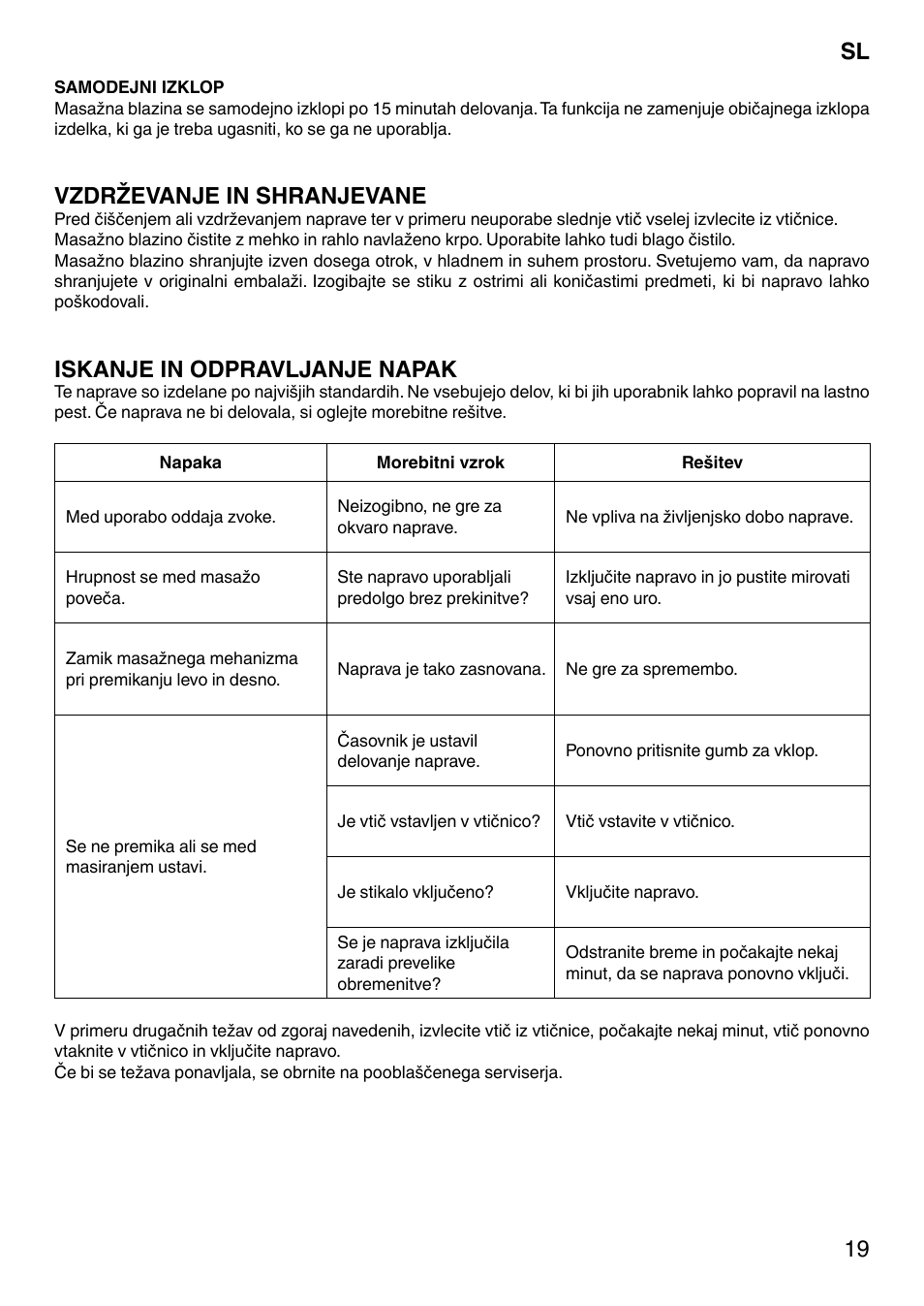 Vzdrževanje in shranjevane, Iskanje in odpravljanje napak | Imetec SENSUIJ CM3-200 User Manual | Page 24 / 53
