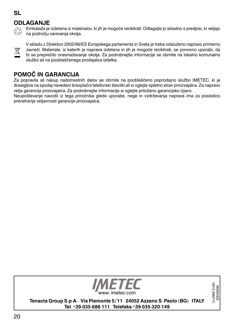 Odlaganje, Pomoč in garancija | Imetec SENSUIJ CM3-200 User Manual | Page 25 / 53