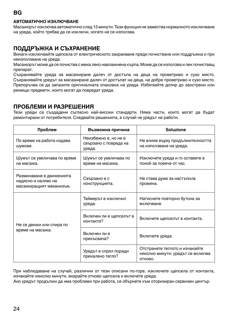 Поддръжка и съхранение, Проблеми и разрешения | Imetec SENSUIJ CM3-200 User Manual | Page 29 / 53