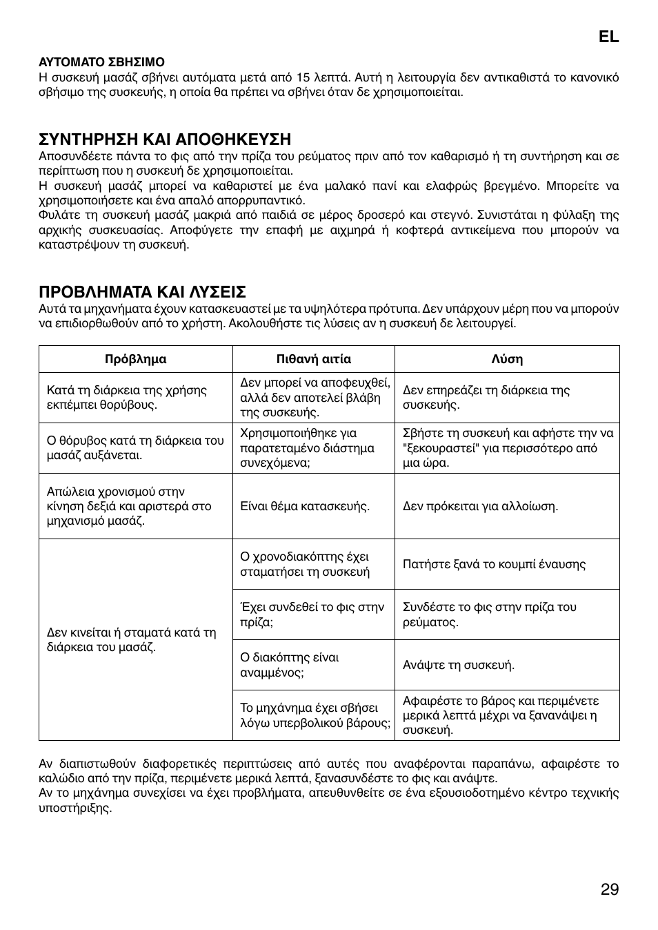 Συντηρηση και αποθηκευση, Προβληματα και λυσεισ | Imetec SENSUIJ CM3-200 User Manual | Page 34 / 53