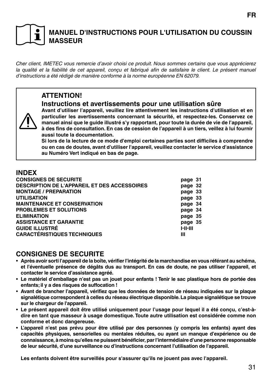 Index, Consignes de securite | Imetec SENSUIJ CM3-200 User Manual | Page 36 / 53